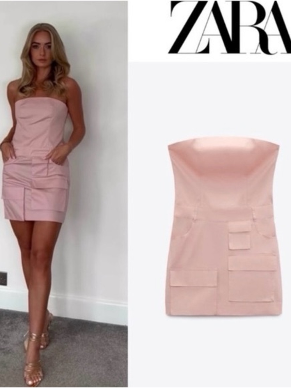 🌸Zara🌸 Cargo Strapless pastel pink mini dress. Size M
